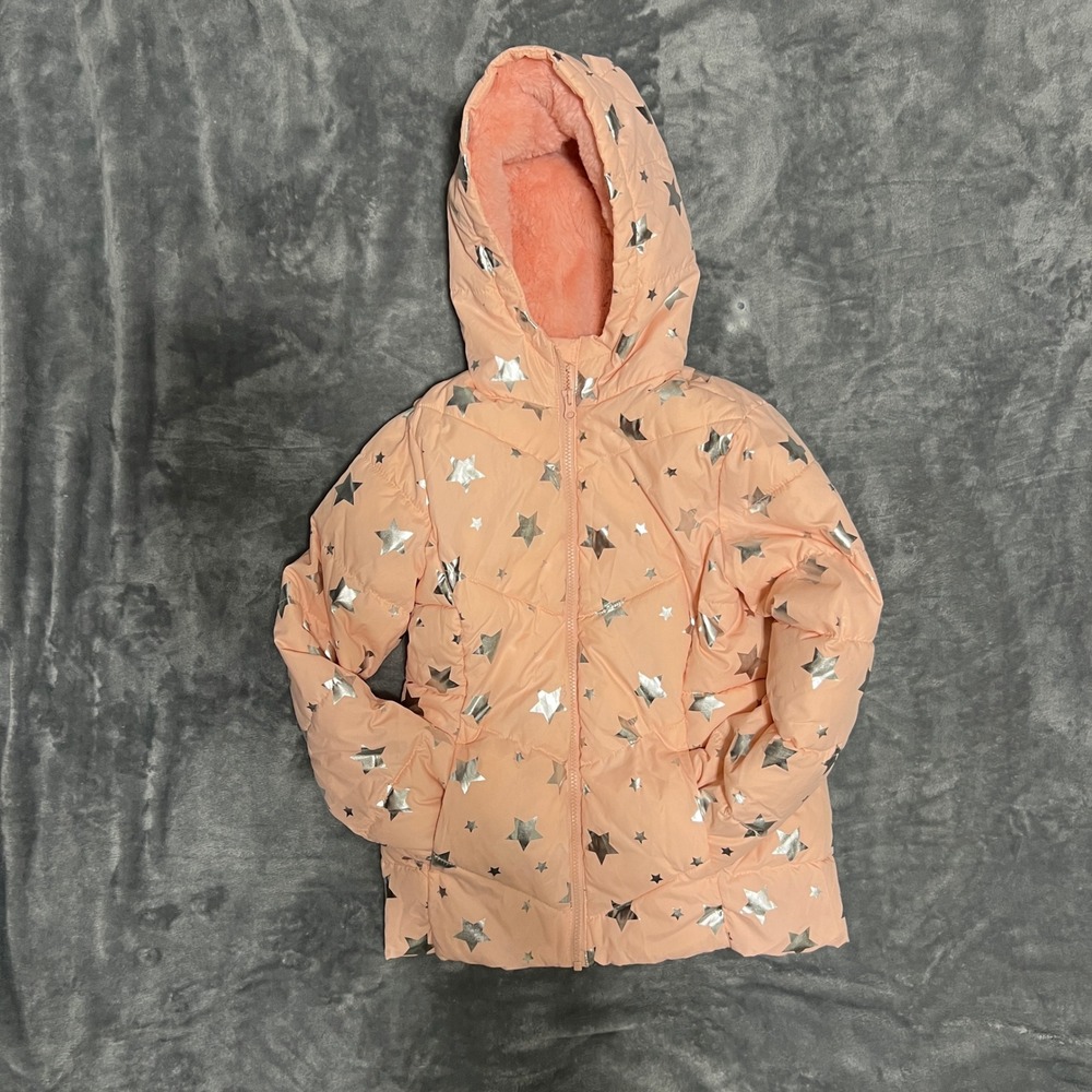 Swiss Tech Girls Star Puffer Jacket M 7-8 Coral Pink/Orange Silver Stars EUC